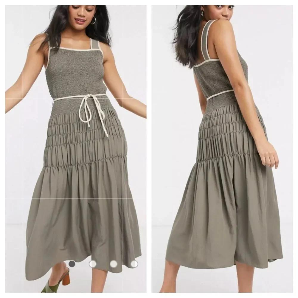 ANTHROPOLOGIE MOON RIVER Smocked Ruched Midi Sundress Rope Tie Size Medium
